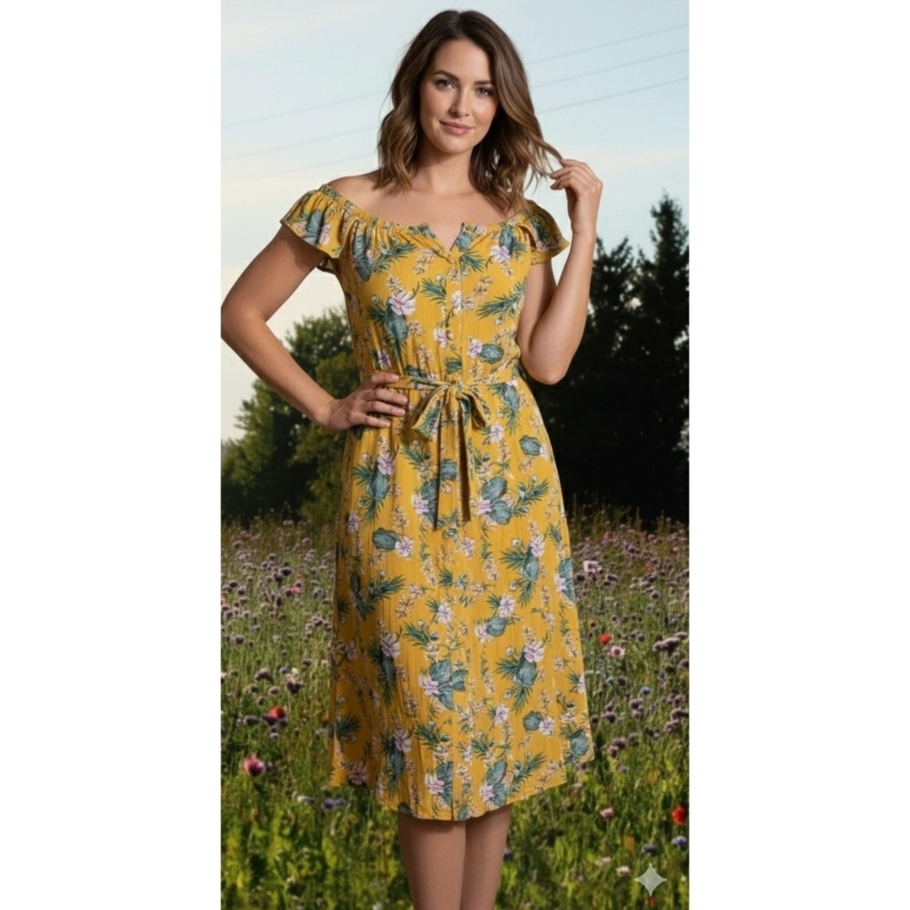 Everly Floral Belted Shirtdress Golden Yellow Size M